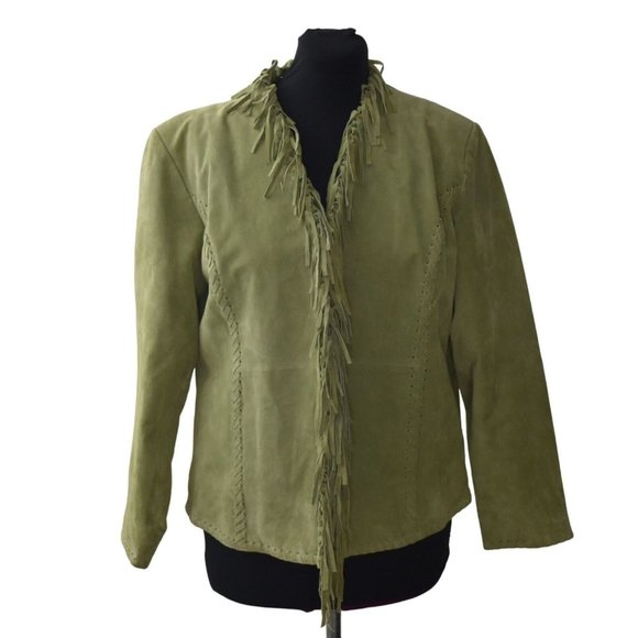 Chicos Jackets & Blazers - Chicos Design Suede Leather Jacket Womens 16 Chicos 3 Dalls Green Fringe